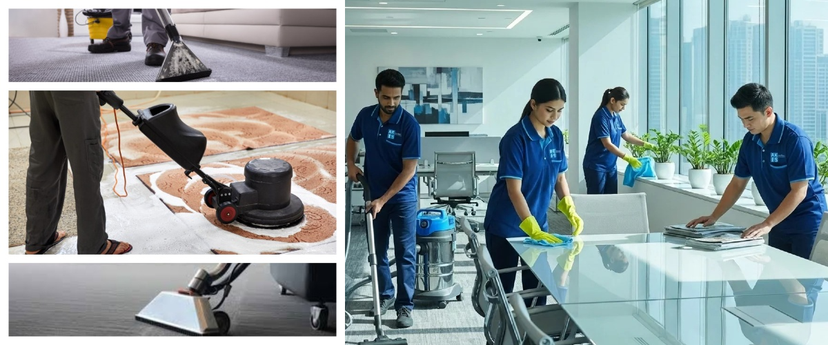 Professional office deep cleaning and carpet shampooing execution