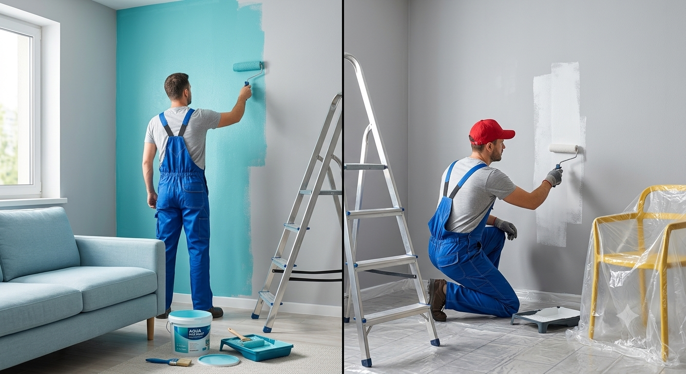 Professional commercial painters applying clean whitewash coating to walls